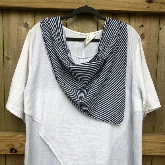 AMO 100% Linen Lagenlook Midi Dress White Navy Stripes Layered Italy with Scarf - Picture 3 of 14